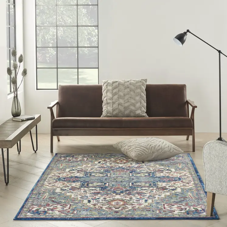 4' X 6' Navy Blue and Ivory Floral Medallion Distressed Non Skid Area Rug