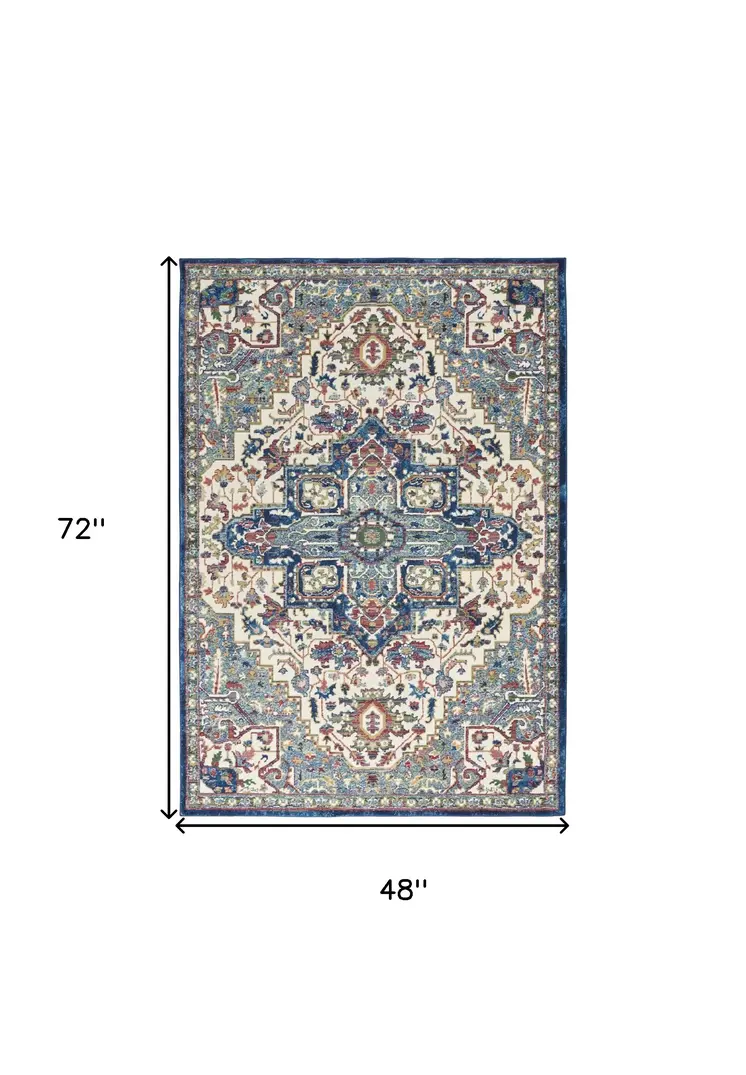 4' X 6' Navy Blue and Ivory Floral Medallion Distressed Non Skid Area Rug