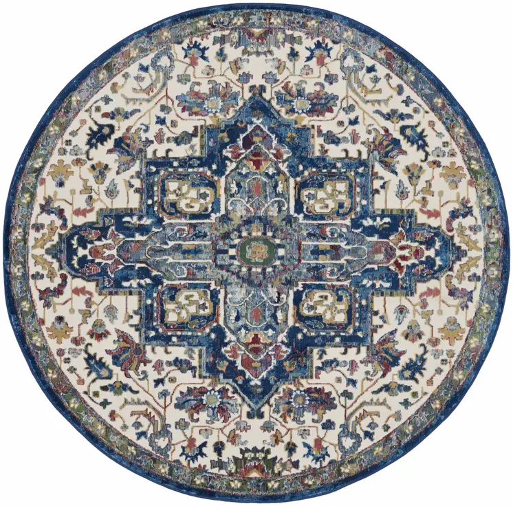 6' Navy Blue and Ivory Floral Medallion Distressed Non Skid Round Rug