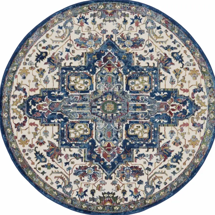 6' Navy Blue and Ivory Floral Medallion Distressed Non Skid Round Rug