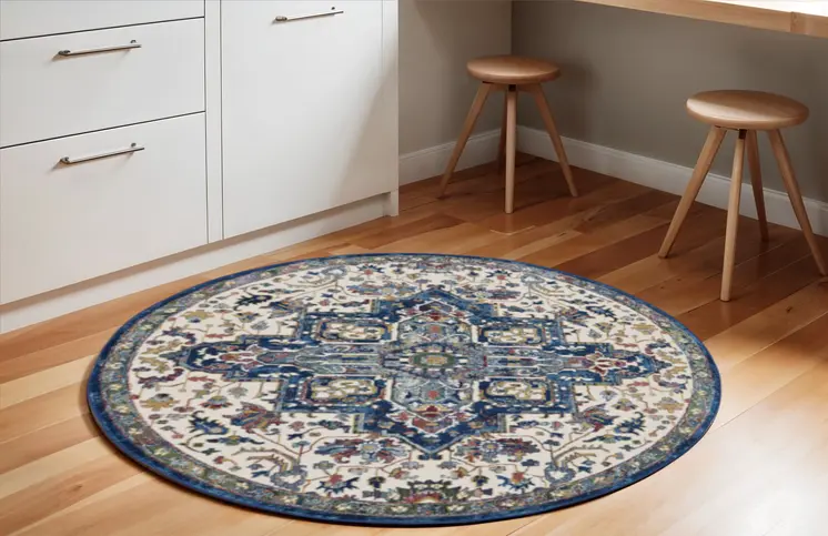 6' Navy Blue and Ivory Floral Medallion Distressed Non Skid Round Rug