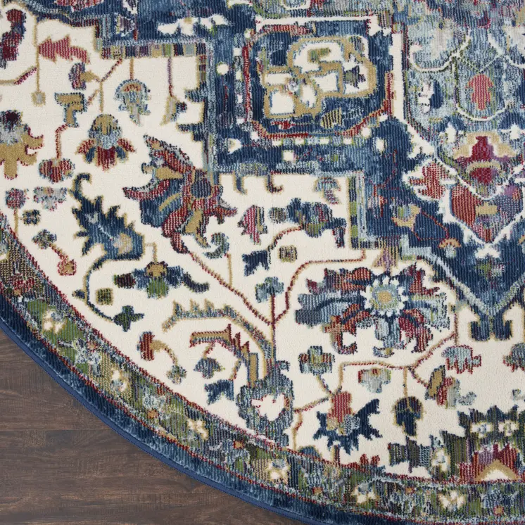 6' Navy Blue and Ivory Floral Medallion Distressed Non Skid Round Rug