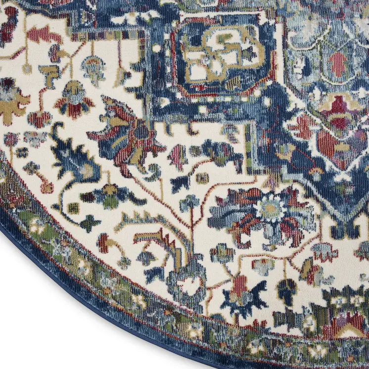 6' Navy Blue and Ivory Floral Medallion Distressed Non Skid Round Rug