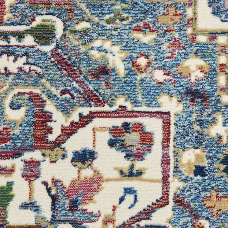 6' Navy Blue and Ivory Floral Medallion Distressed Non Skid Round Rug
