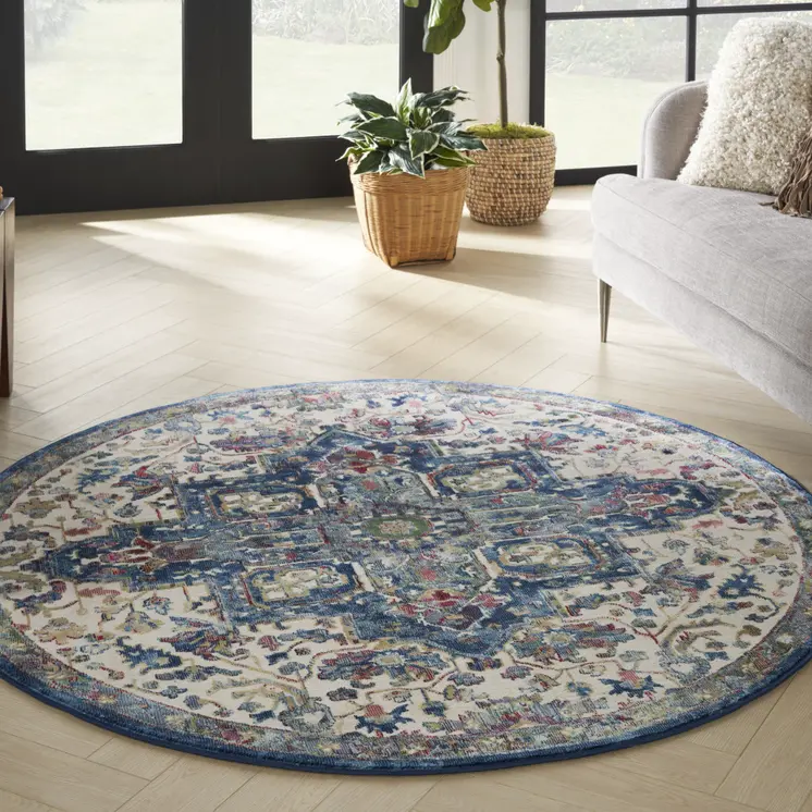 6' Navy Blue and Ivory Floral Medallion Distressed Non Skid Round Rug
