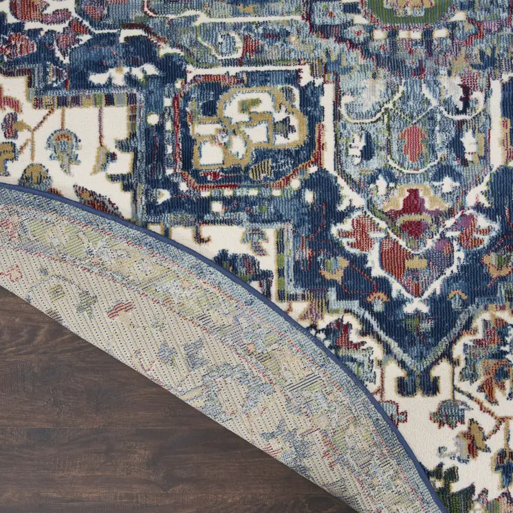 6' Navy Blue and Ivory Floral Medallion Distressed Non Skid Round Rug