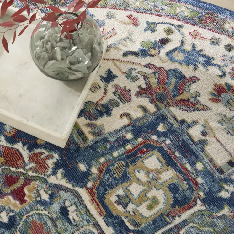 6' Navy Blue and Ivory Floral Medallion Distressed Non Skid Round Rug