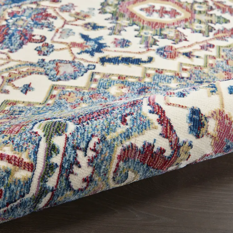 6' Navy Blue and Ivory Floral Medallion Distressed Non Skid Round Rug