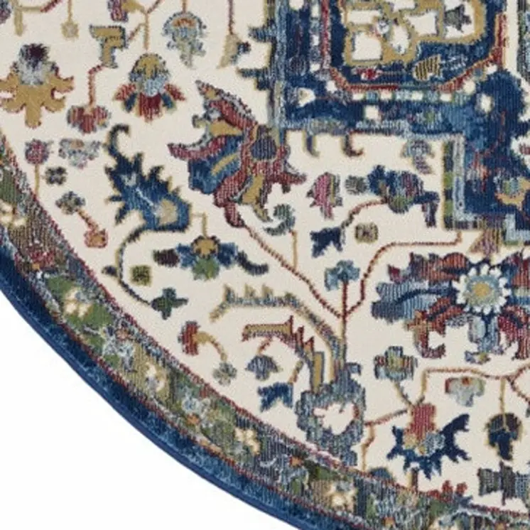6' Navy Blue and Ivory Floral Medallion Distressed Non Skid Round Rug