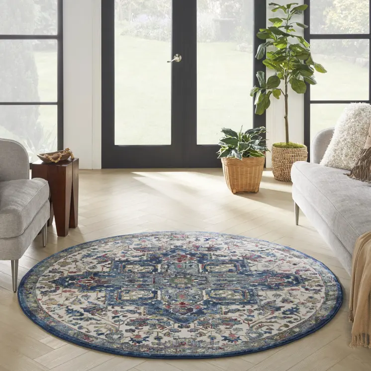 6' Navy Blue and Ivory Floral Medallion Distressed Non Skid Round Rug