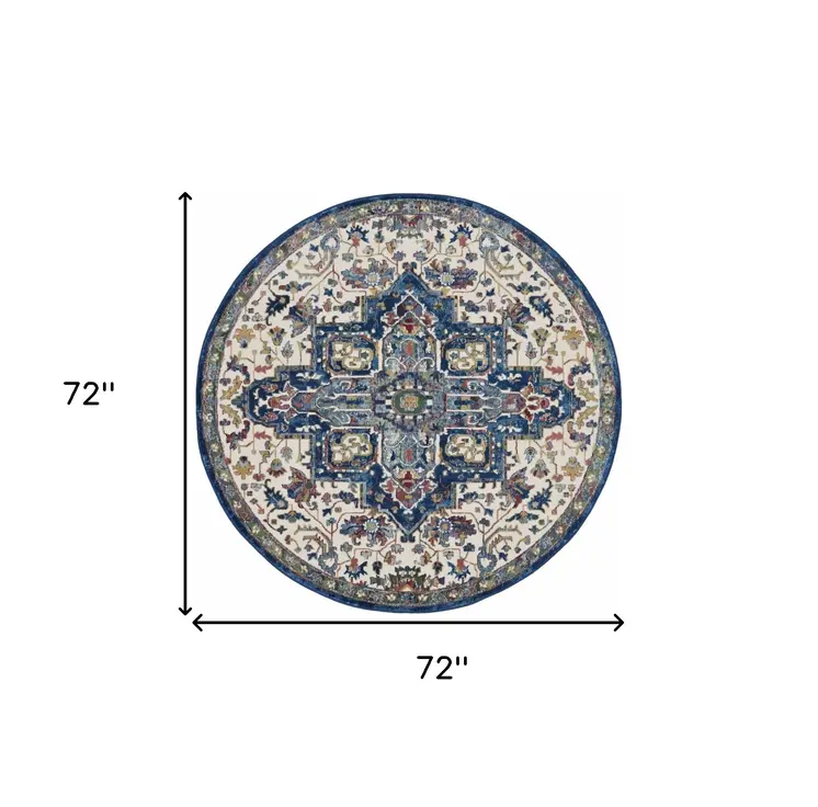 6' Navy Blue and Ivory Floral Medallion Distressed Non Skid Round Rug