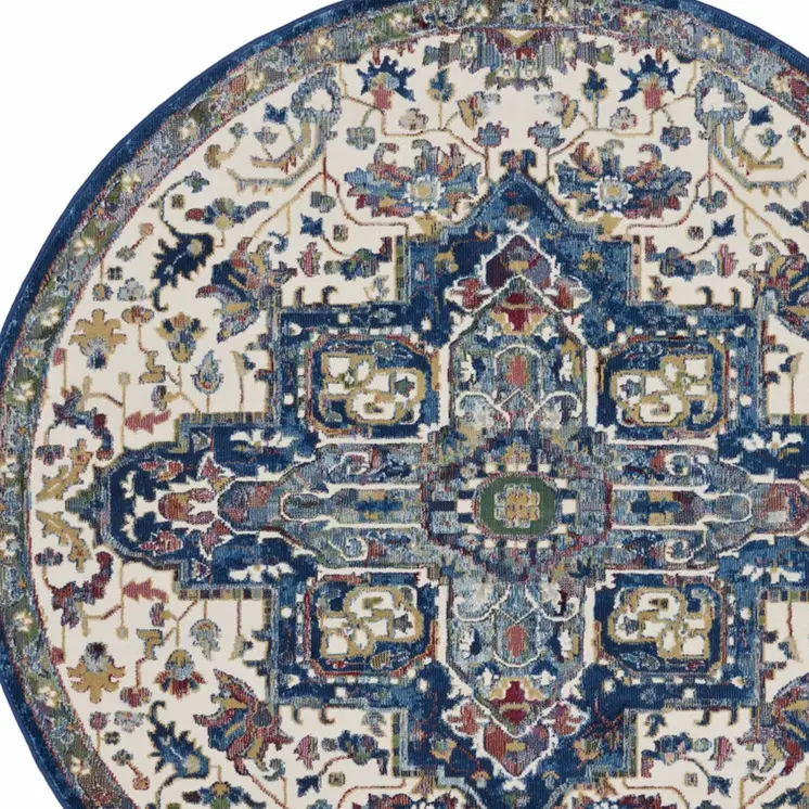6' Navy Blue and Ivory Floral Medallion Distressed Non Skid Round Rug