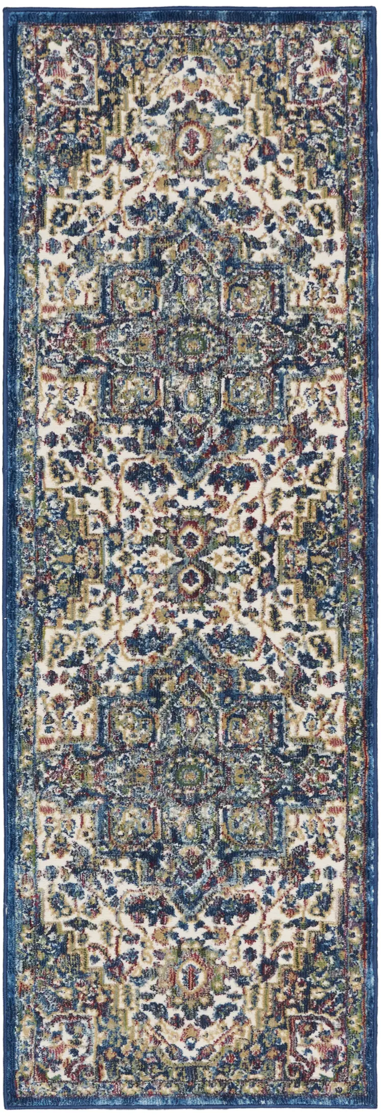 6' Navy Blue and Ivory Floral Medallion Distressed Non Skid Runner Rug