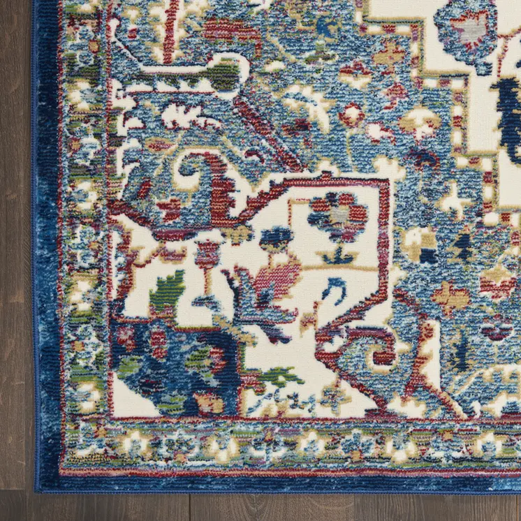 6' Navy Blue and Ivory Floral Medallion Distressed Non Skid Runner Rug