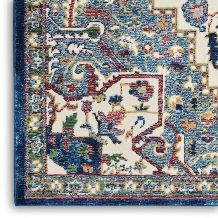 6' Navy Blue and Ivory Floral Medallion Distressed Non Skid Runner Rug