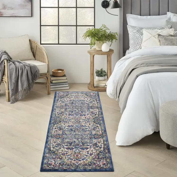 6' Navy Blue and Ivory Floral Medallion Distressed Non Skid Runner Rug