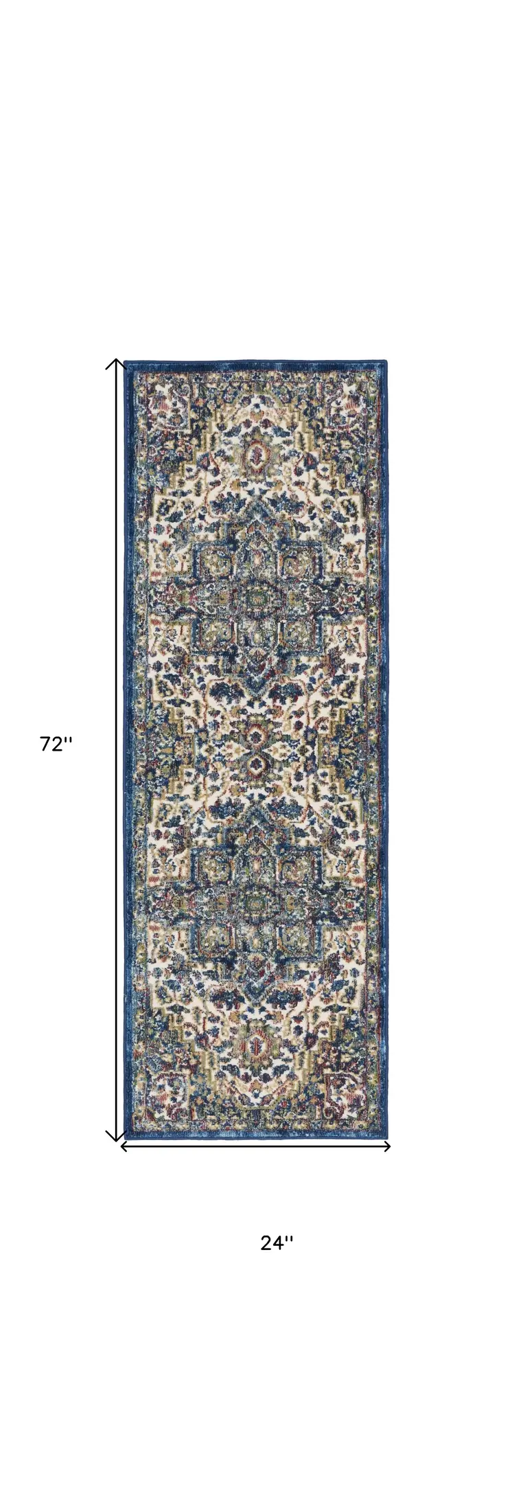 6' Navy Blue and Ivory Floral Medallion Distressed Non Skid Runner Rug