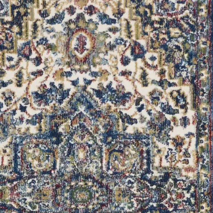 6' Navy Blue and Ivory Floral Medallion Distressed Non Skid Runner Rug
