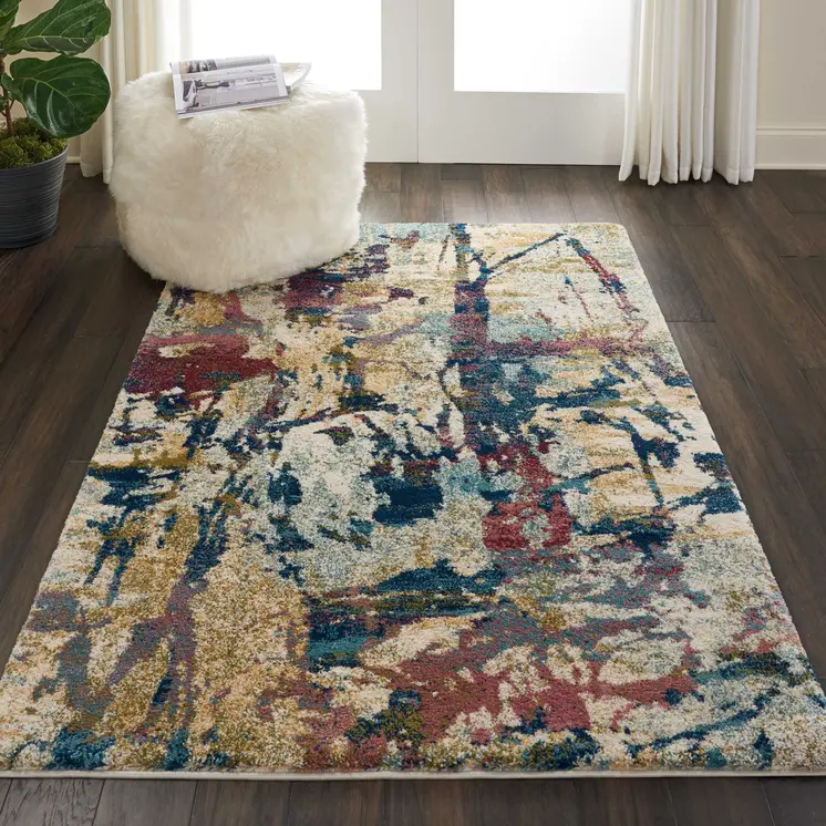 4' X 6' Cream Blue and Green Abstract Distressed Area Rug
