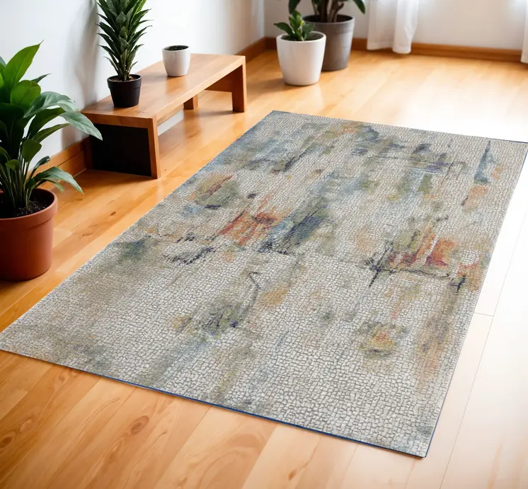 4' X 6' Ivory Blue and Gray Abstract Distressed Non Skid Area Rug