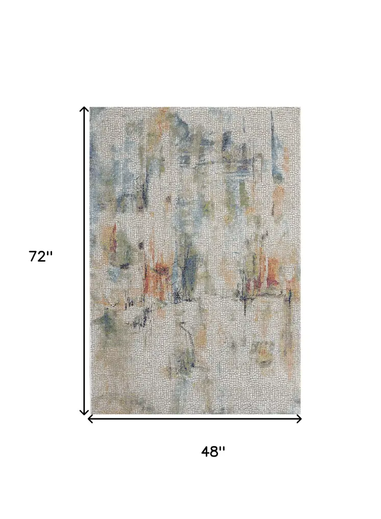 4' X 6' Ivory Blue and Gray Abstract Distressed Non Skid Area Rug