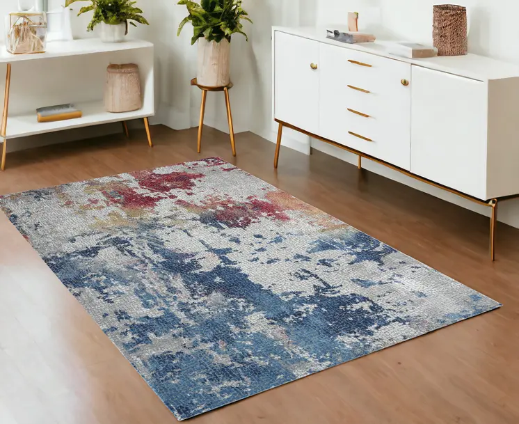 4' X 6' Ivory Red and Blue Abstract Distressed Non Skid Area Rug