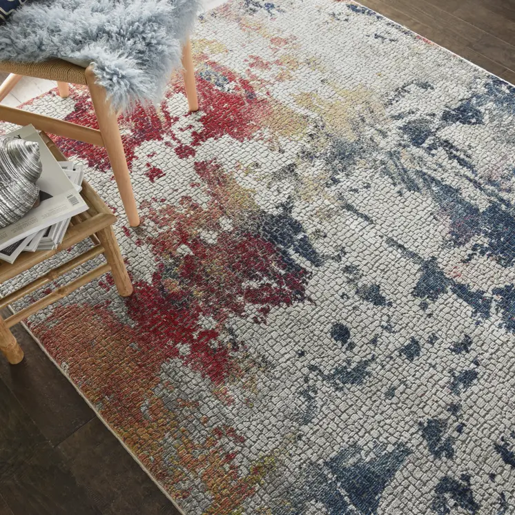 4' X 6' Ivory Red and Blue Abstract Distressed Non Skid Area Rug