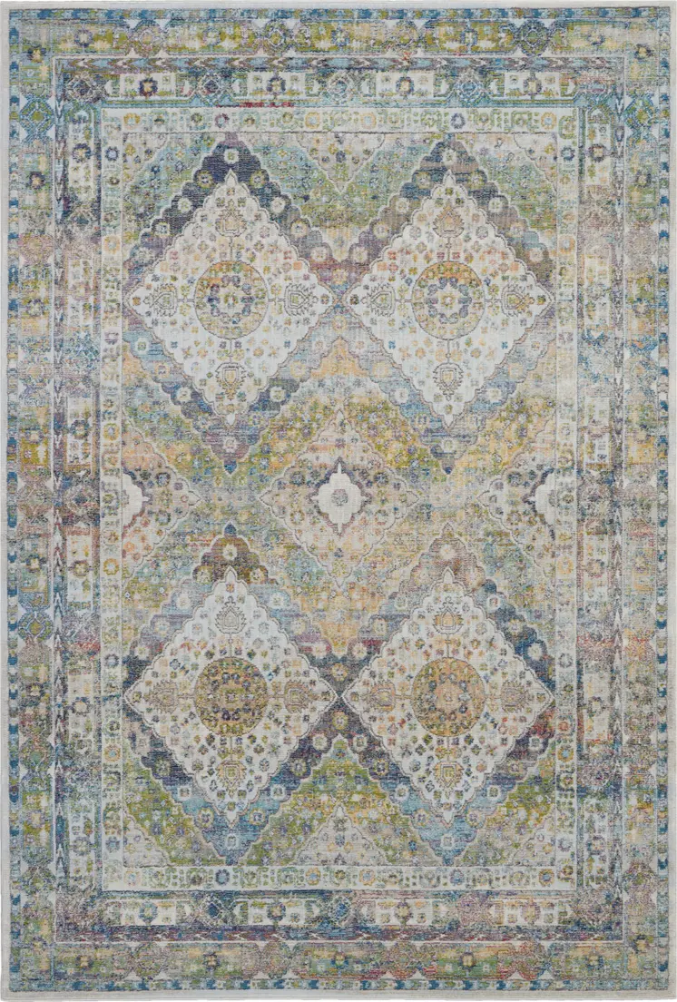 4' X 6' Ivory Blue and Green Floral Distressed Non Skid Area Rug