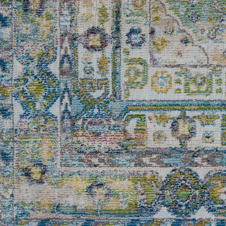 4' X 6' Ivory Blue and Green Floral Distressed Non Skid Area Rug