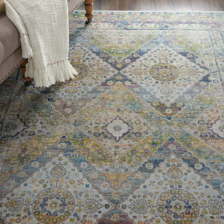 4' X 6' Ivory Blue and Green Floral Distressed Non Skid Area Rug