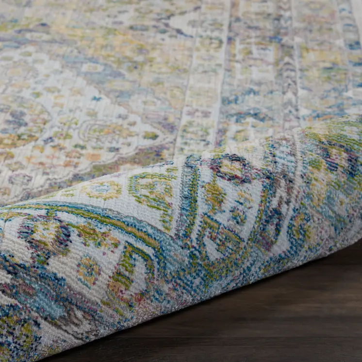 4' X 6' Ivory Blue and Green Floral Distressed Non Skid Area Rug