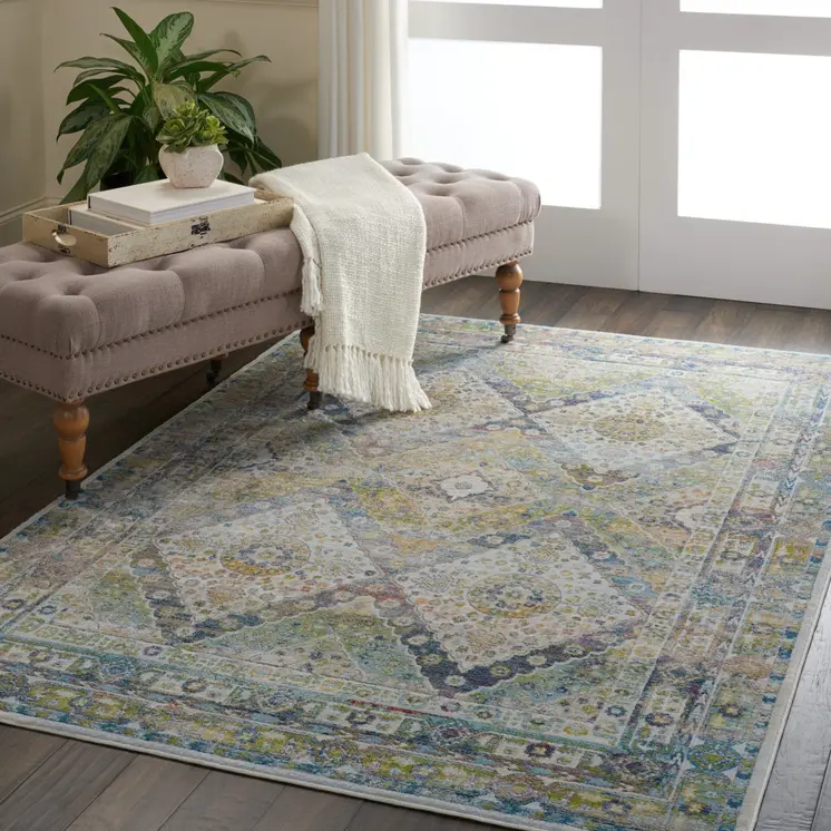 4' X 6' Ivory Blue and Green Floral Distressed Non Skid Area Rug