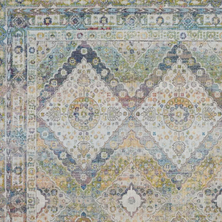 4' X 6' Ivory Blue and Green Floral Distressed Non Skid Area Rug