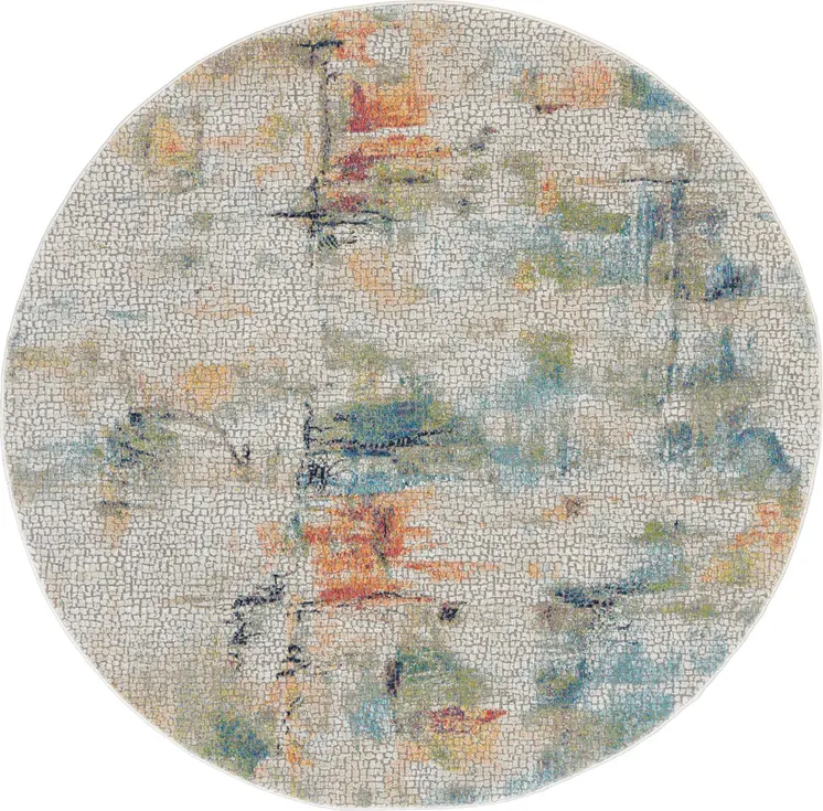 6' Ivory Blue and Gray Abstract Distressed Non Skid Round Rug