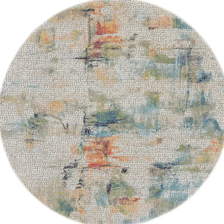 6' Ivory Blue and Gray Abstract Distressed Non Skid Round Rug