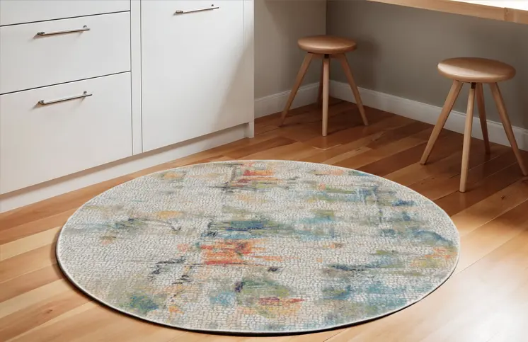 6' Ivory Blue and Gray Abstract Distressed Non Skid Round Rug
