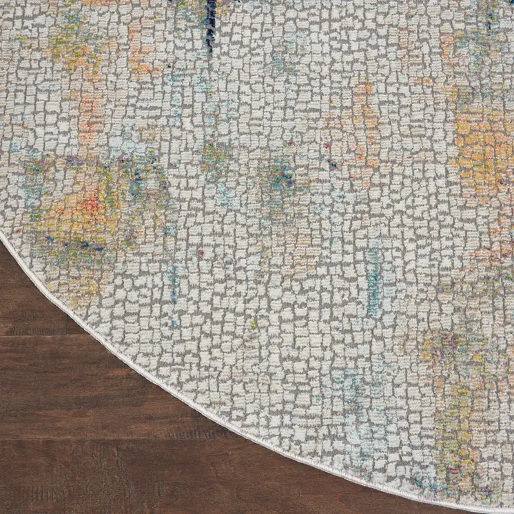 6' Ivory Blue and Gray Abstract Distressed Non Skid Round Rug