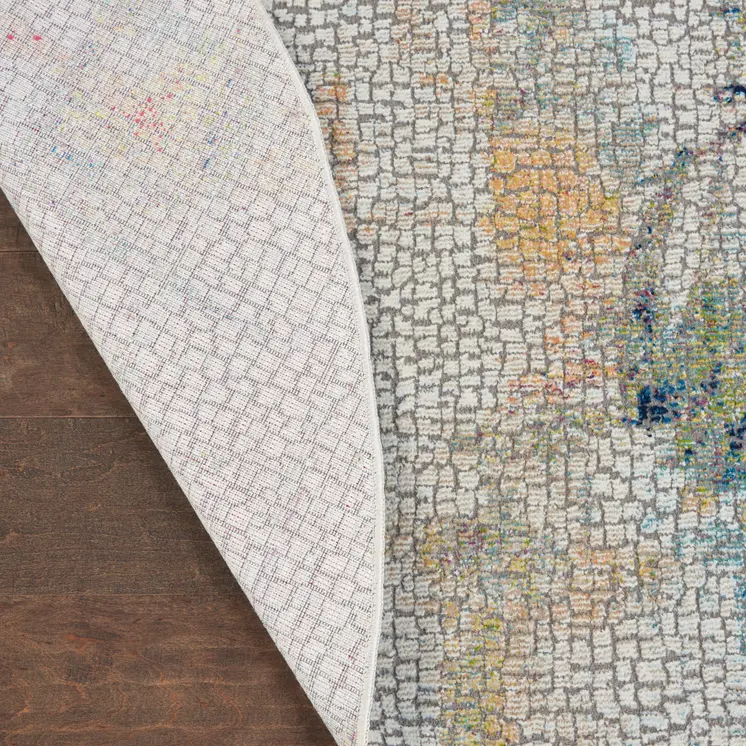 6' Ivory Blue and Gray Abstract Distressed Non Skid Round Rug