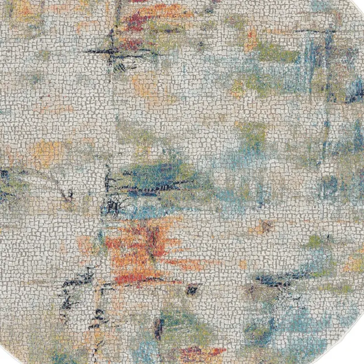 6' Ivory Blue and Gray Abstract Distressed Non Skid Round Rug