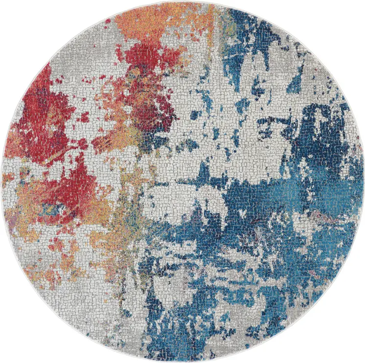 6' Ivory Red and Blue Abstract Distressed Non Skid Round Rug