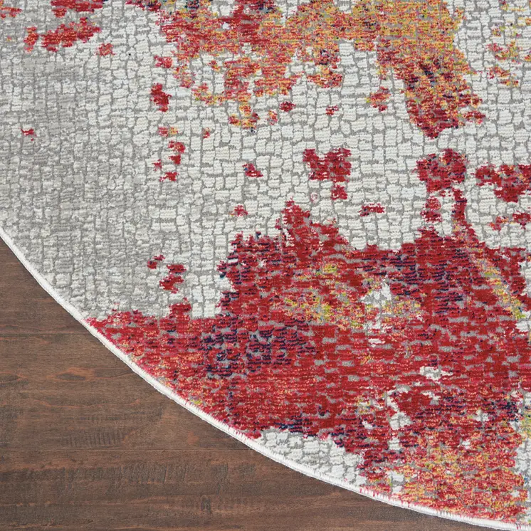 6' Ivory Red and Blue Abstract Distressed Non Skid Round Rug