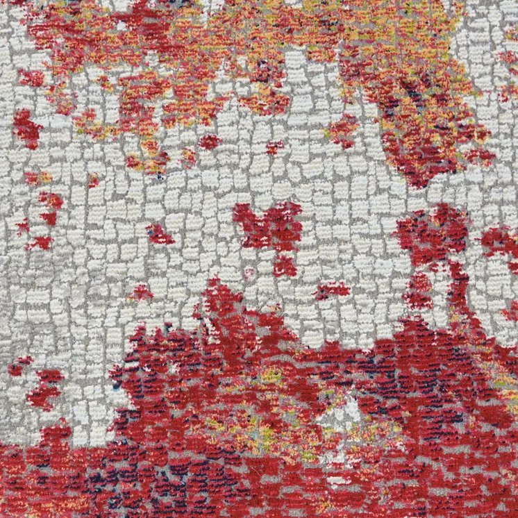 6' Ivory Red and Blue Abstract Distressed Non Skid Round Rug