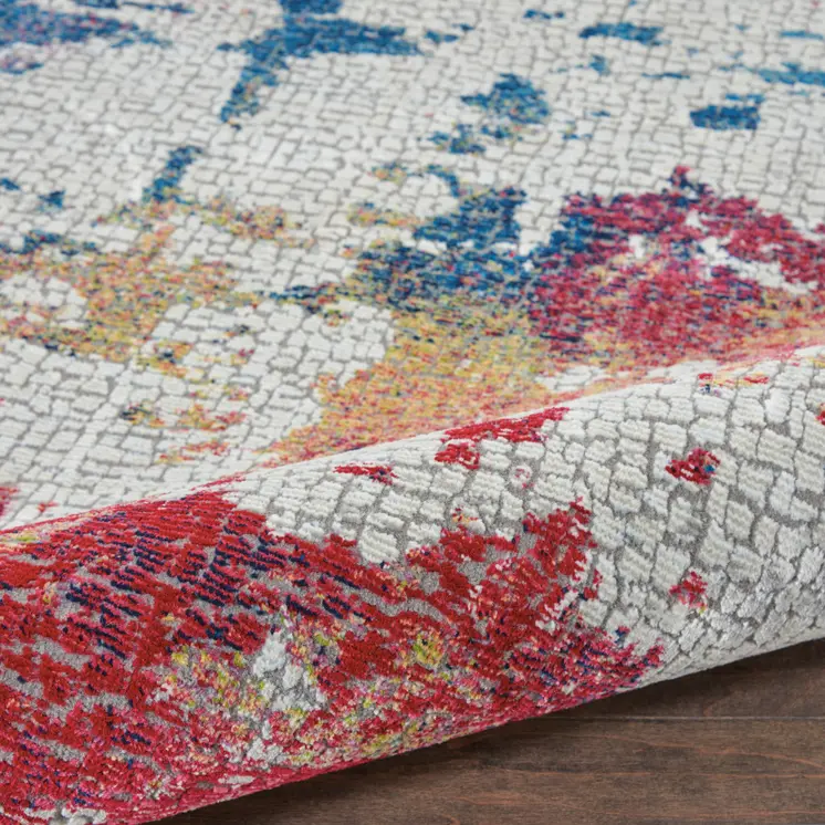 6' Ivory Red and Blue Abstract Distressed Non Skid Round Rug