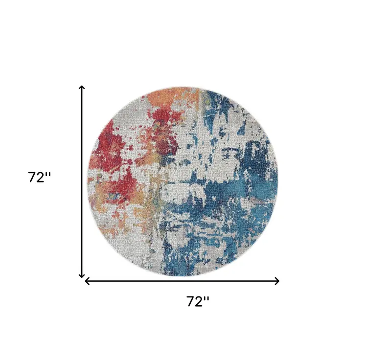 6' Ivory Red and Blue Abstract Distressed Non Skid Round Rug