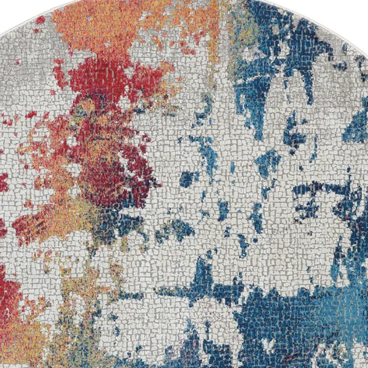 6' Ivory Red and Blue Abstract Distressed Non Skid Round Rug