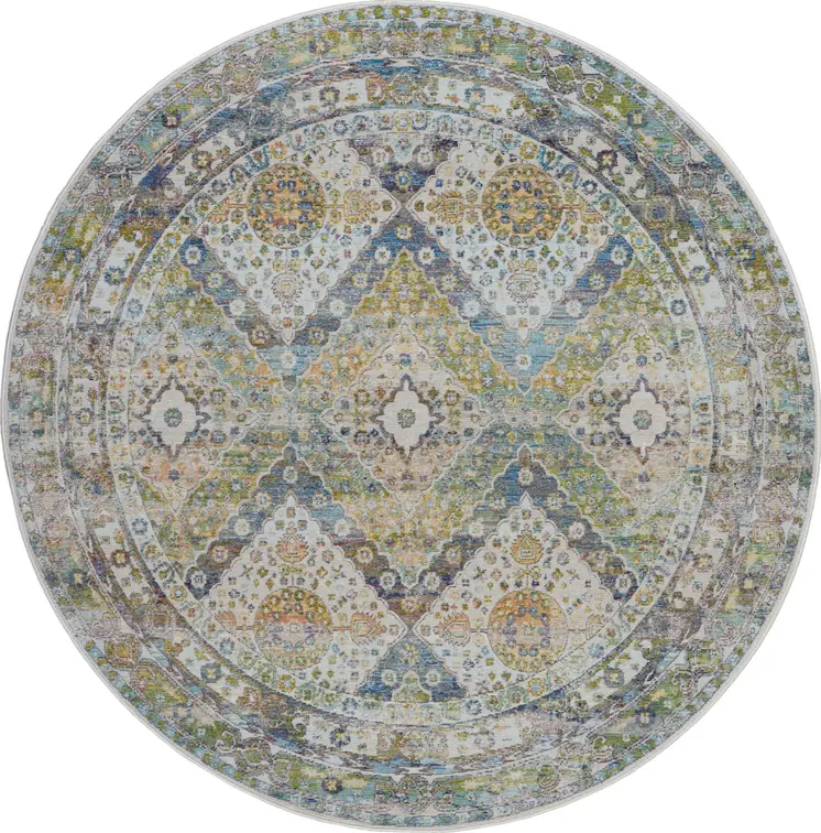 6' Ivory Blue and Green Floral Distressed Non Skid Round Rug