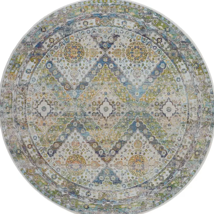 6' Ivory Blue and Green Floral Distressed Non Skid Round Rug