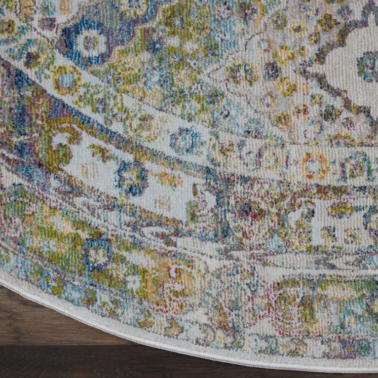 6' Ivory Blue and Green Floral Distressed Non Skid Round Rug