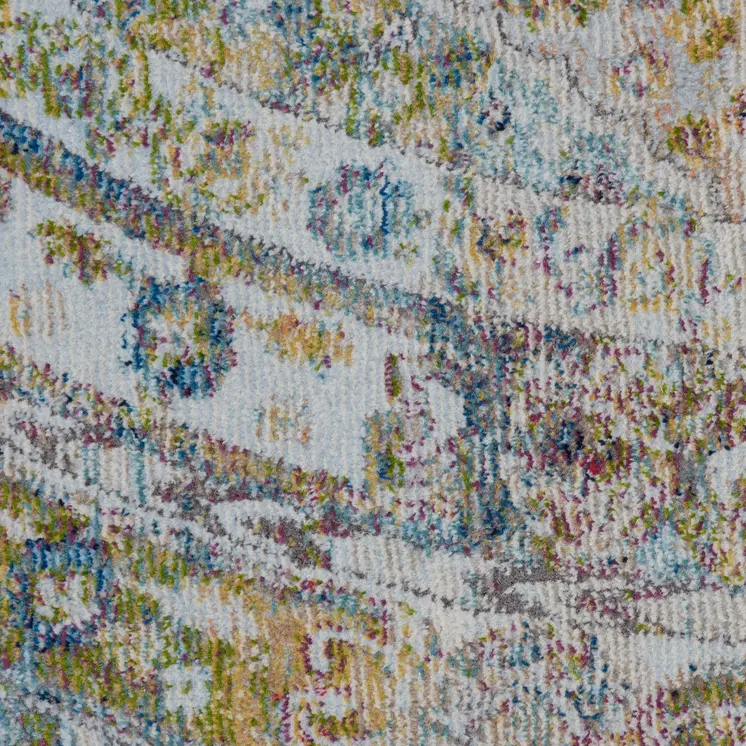 6' Ivory Blue and Green Floral Distressed Non Skid Round Rug