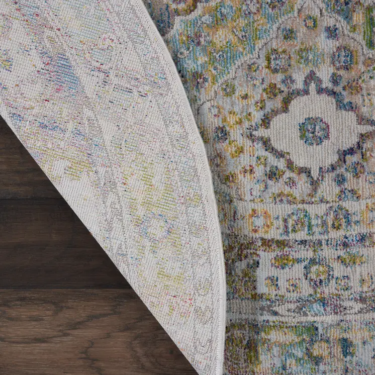 6' Ivory Blue and Green Floral Distressed Non Skid Round Rug